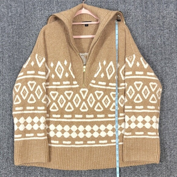 J Crew Sweater Womens L/XL Brown Relaxed Half Zip in Geometric Knit BD643 - Picture 3 of 13